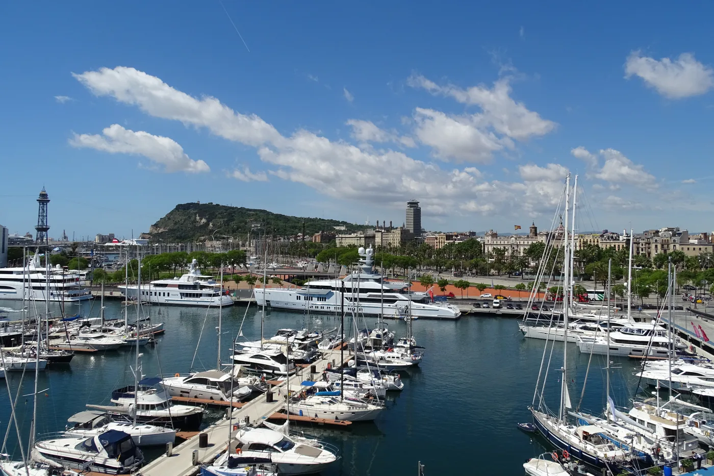 Port Vell in Barcelona, with Montjuïc rising behind the marina