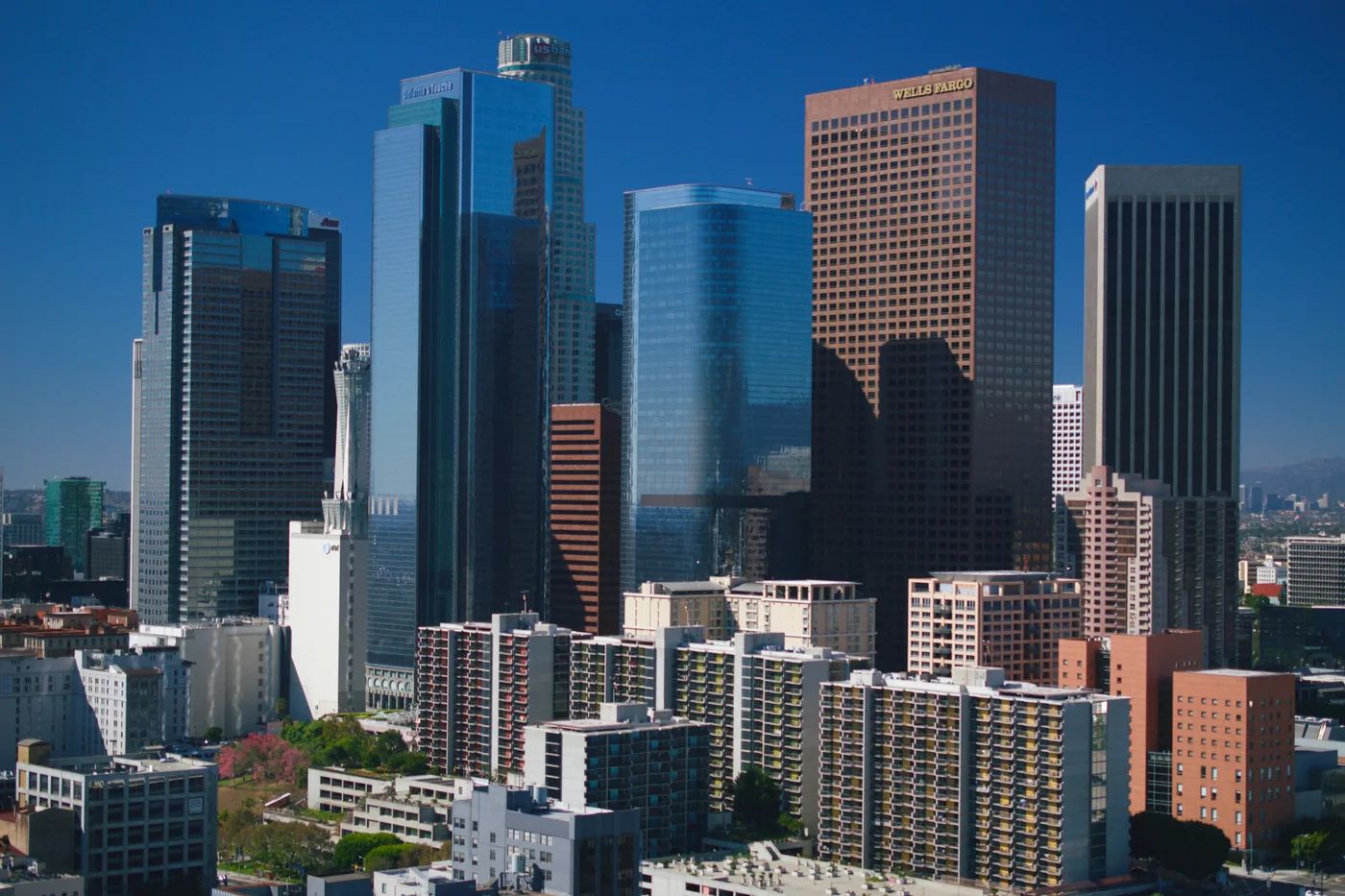 The downtown Los Angeles skyline on a clear afternoon
