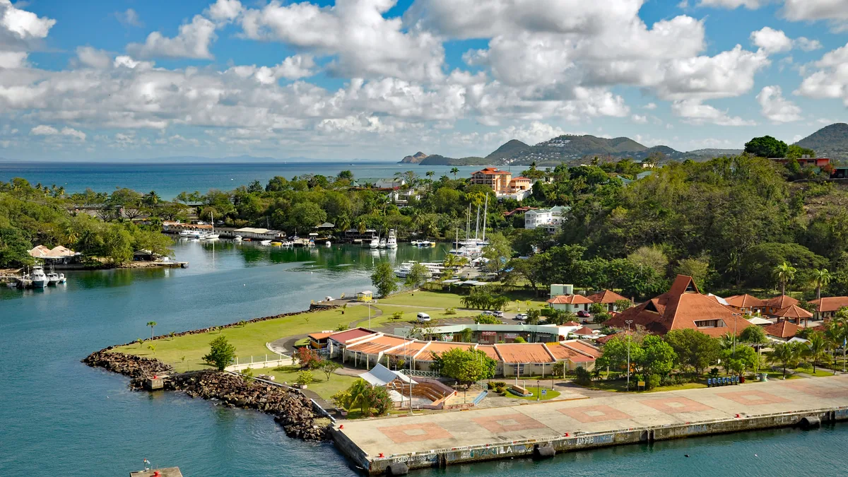 Castries Harbour, Saint Lucia, with the town and green hills behind the waterfront