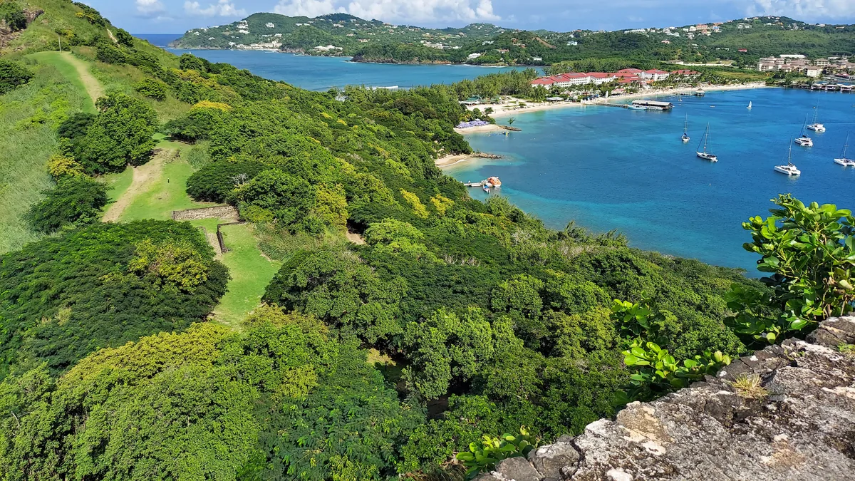The view over Rodney Bay and the causeway from Fort Rodney on Pigeon Island, Saint Lucia