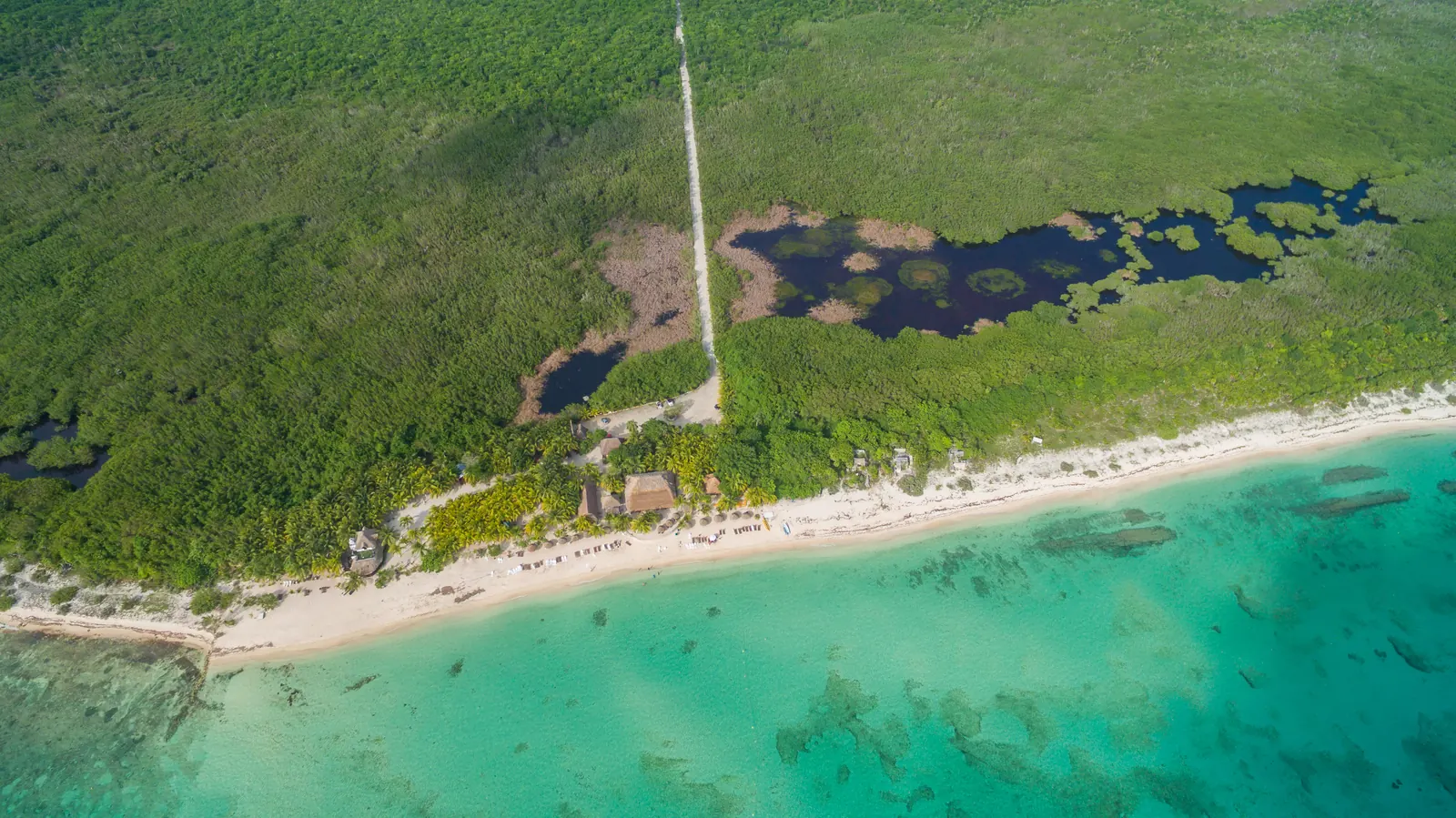 Palancar Beach on Cozumel from the air, pale sand meeting bands of turquoise and deep blue water