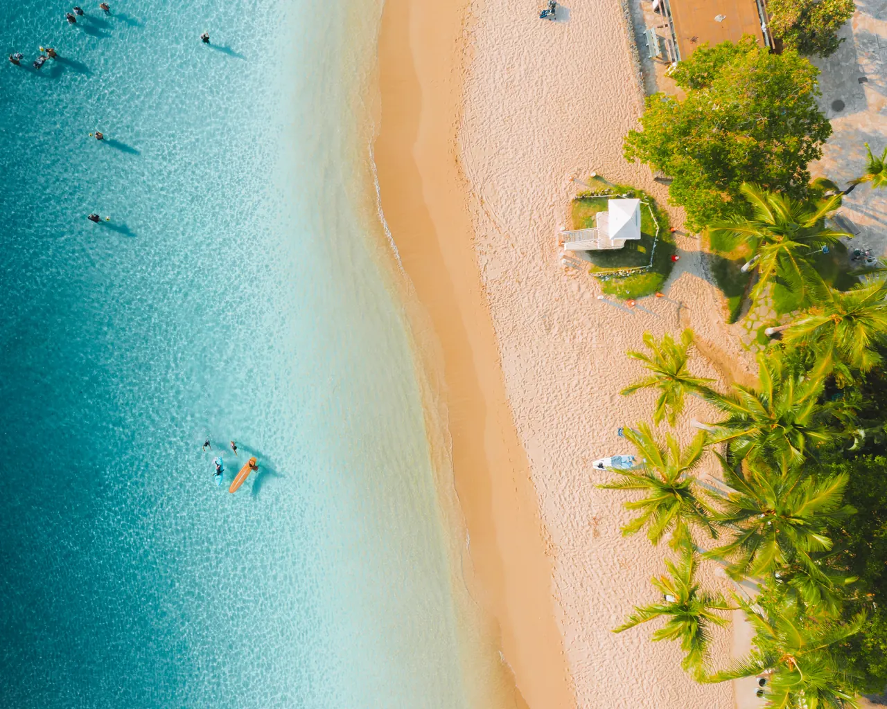 Stunning aerial shot of a tropical beach with turquoise waters, palm trees, and people enjoying a sunny day.