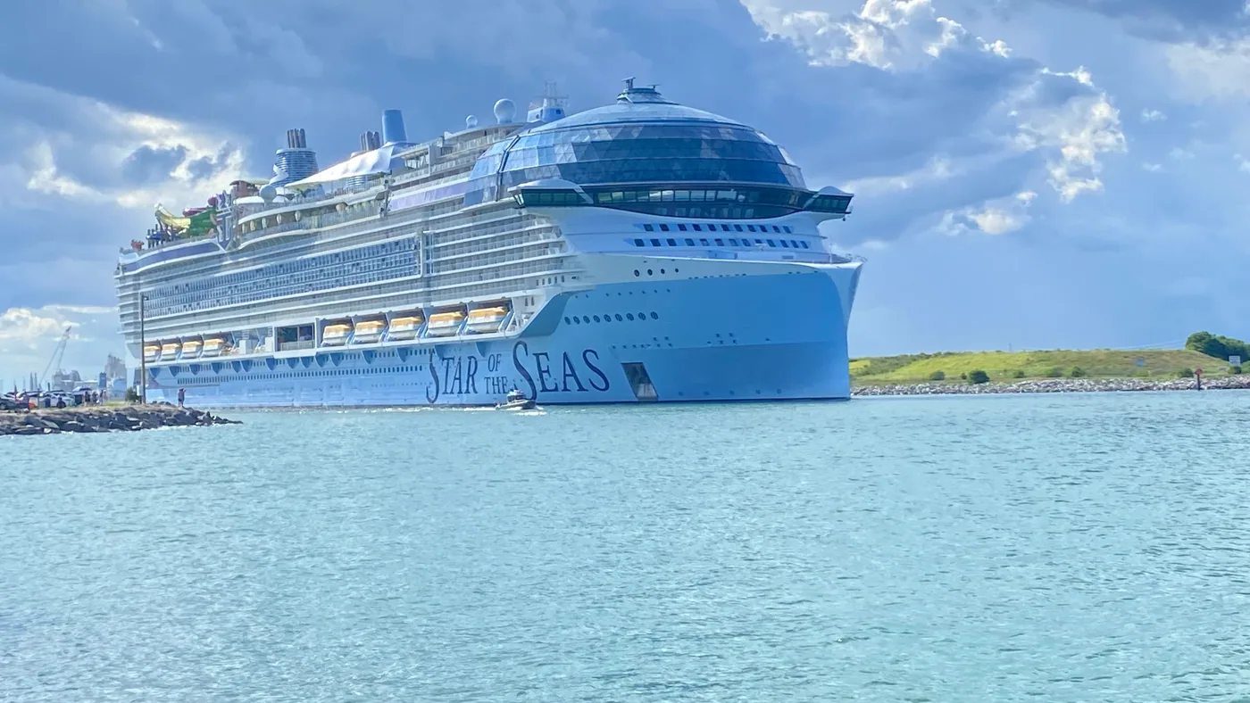 Star of the Seas departing Port Canaveral, bow-on, showing the glass dome forward