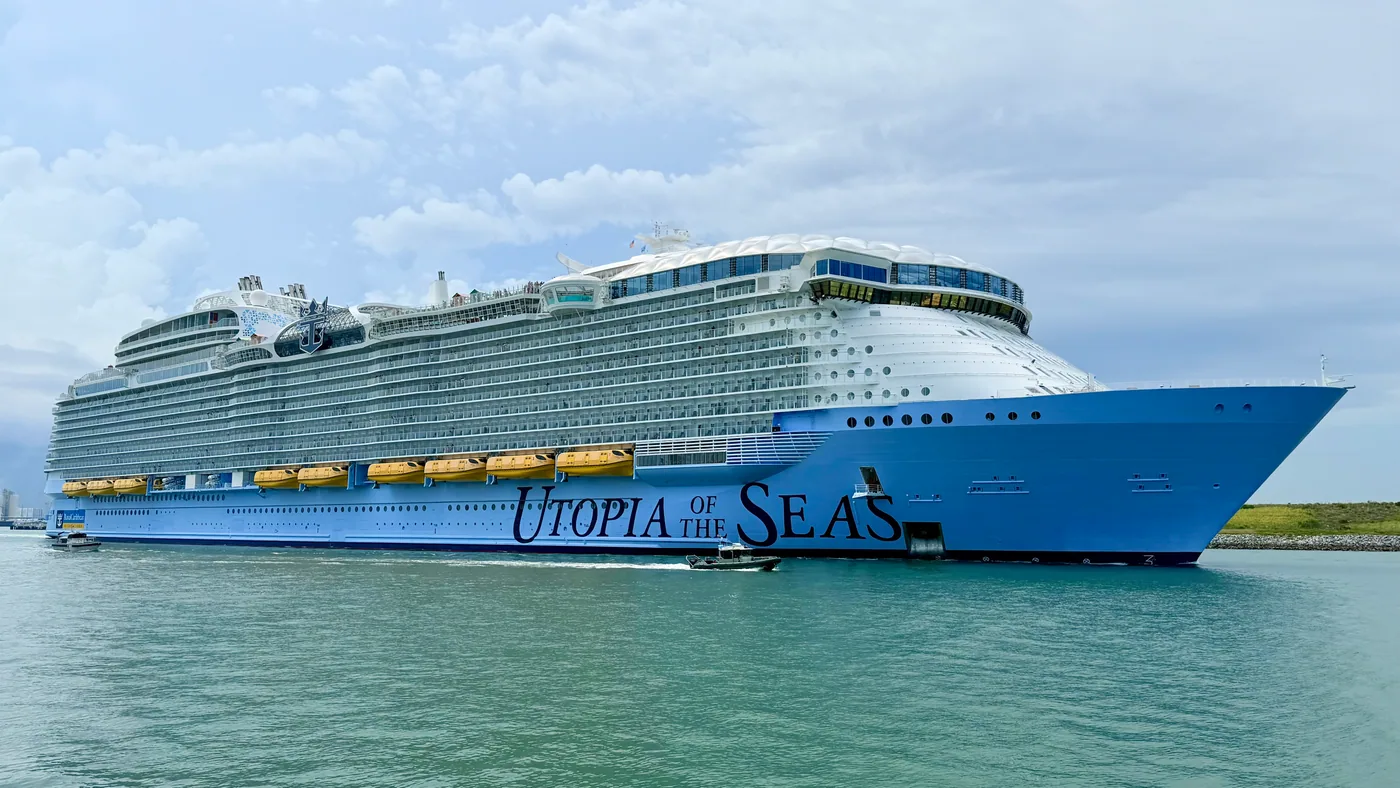 Utopia of the Seas departing Port Canaveral, Florida, at dusk