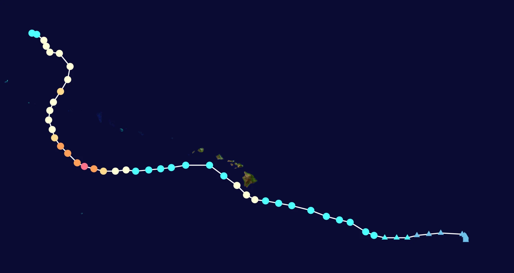 Best-track map of Lala showing the storm passing south of the Big Island before curving northwest past the Hawaiian chain and intensifying