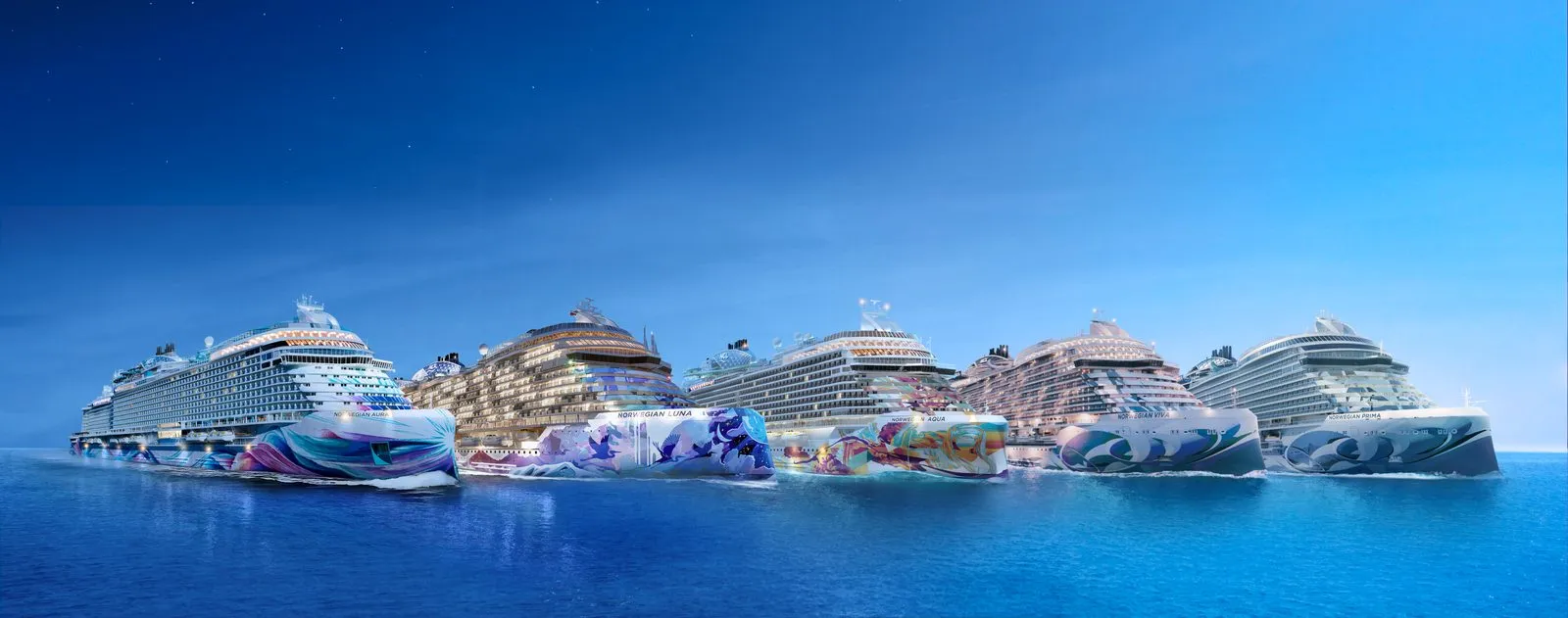 Five Norwegian Cruise Line Prima class ships lined up at sea under a deep blue sky, showing the scale of NCL's modern fleet