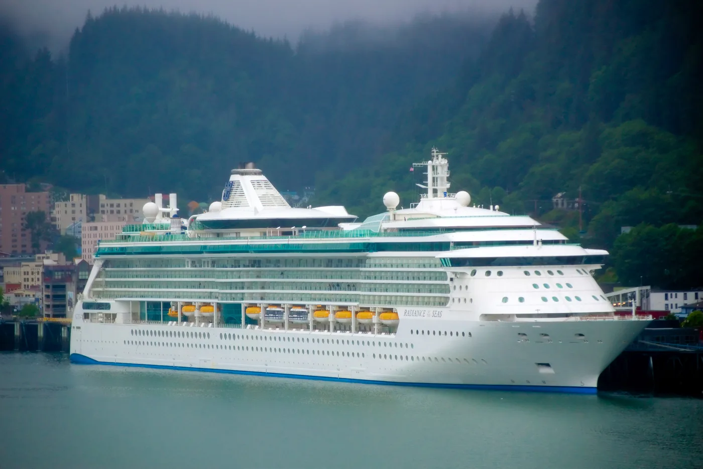 Radiance of the Seas alongside in Juneau, Alaska — a smaller Royal Caribbean vessel