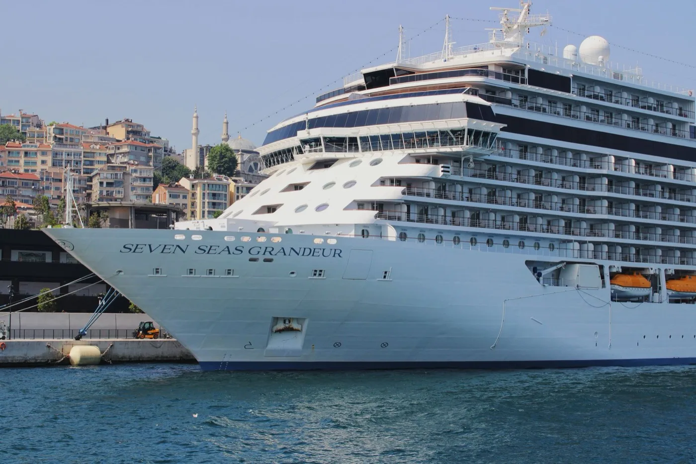 A cruise ship moored in a harbour at dusk with a city skyline behind