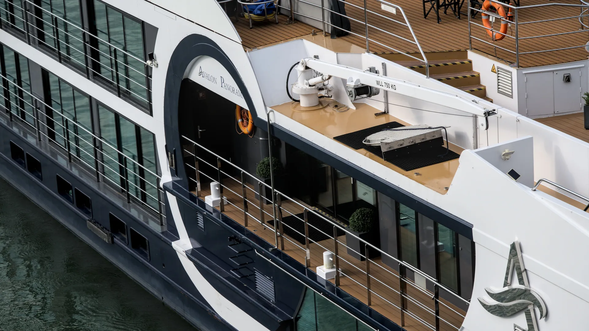 Close view of a luxury cruise ship’s exterior while docked