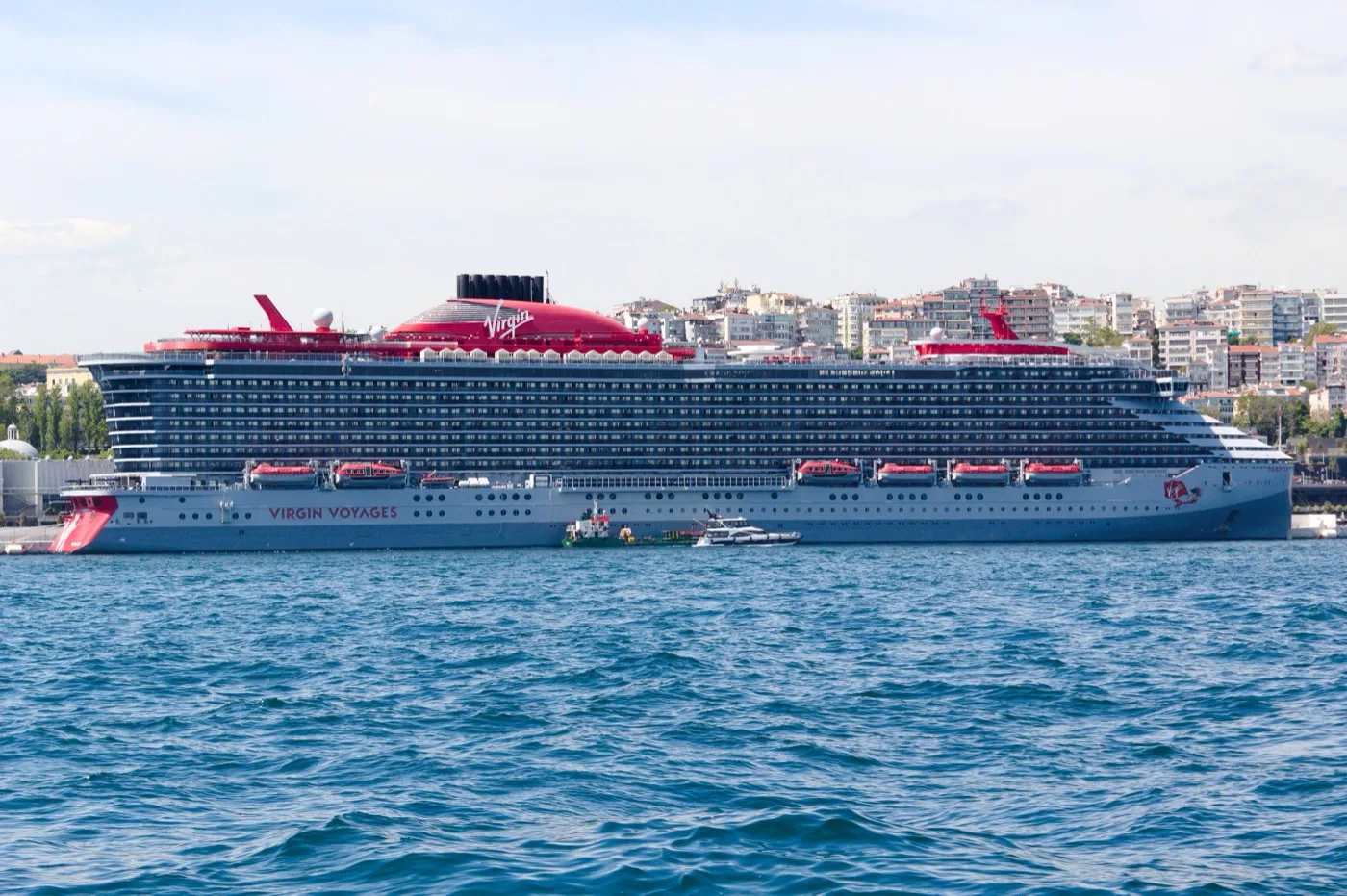 Virgin Voyages' Resilient Lady at sea, seen broadside