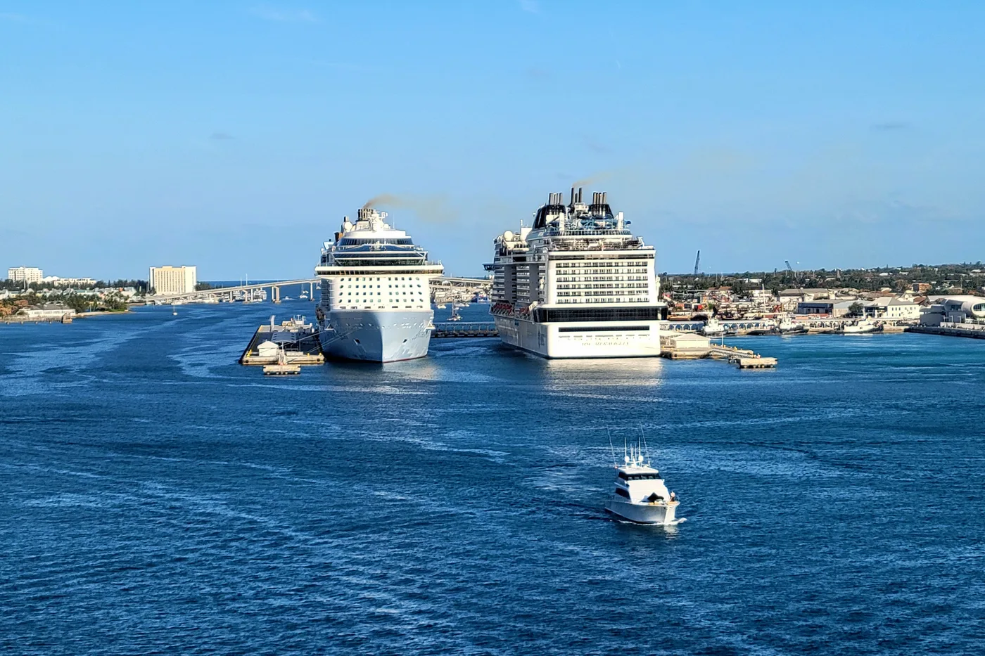 Cruise ships berthed along the redeveloped Nassau Cruise Port at Prince George Wharf