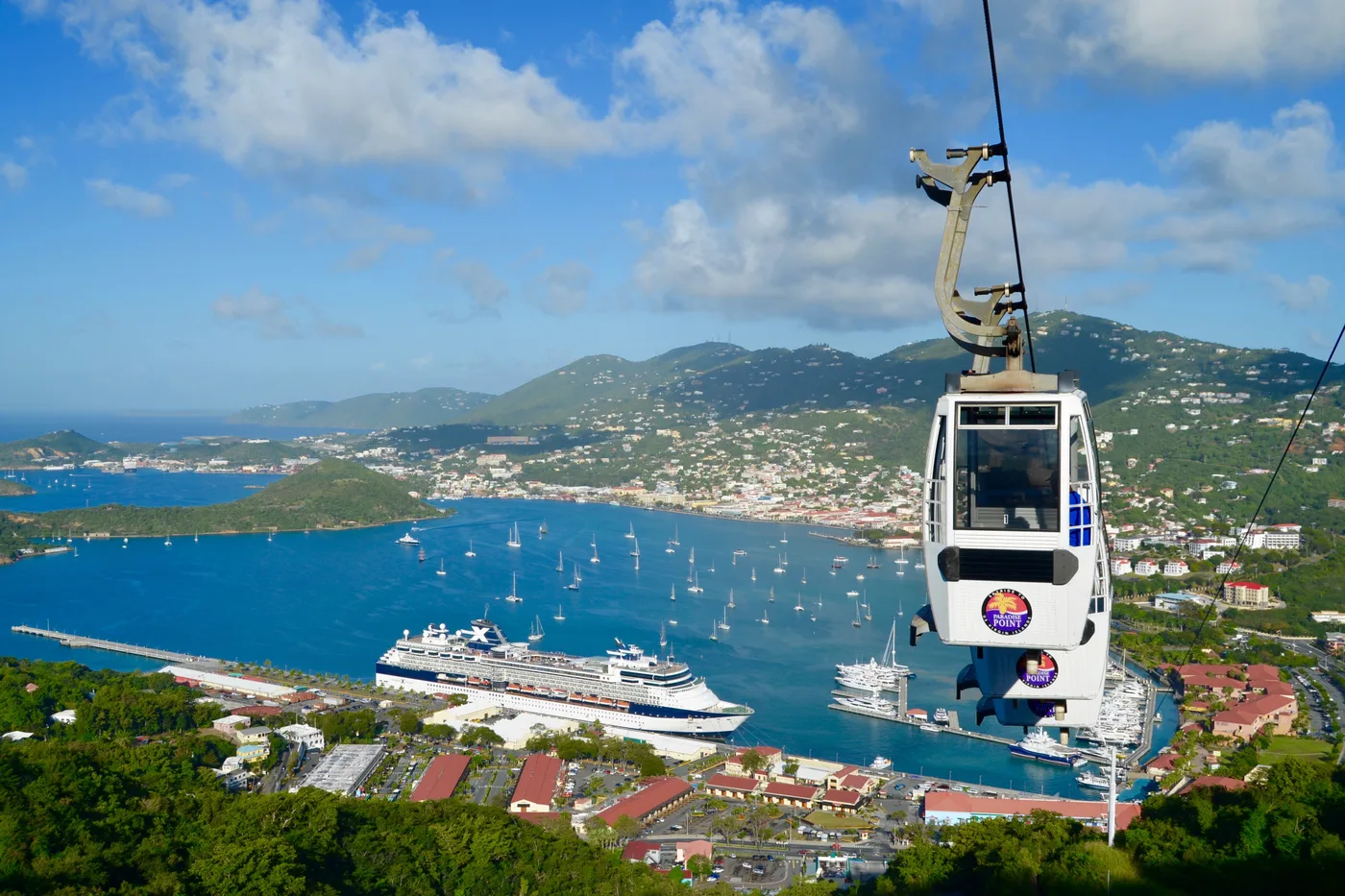 Charlotte Amalie harbour on St. Thomas seen from Paradise Point, with cruise ships at anchor
